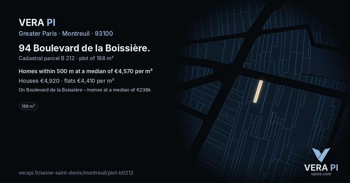 94 Boulevard de la Boissière, Montreuil at night – the plot lit, the parcels around coloured by the prices near them