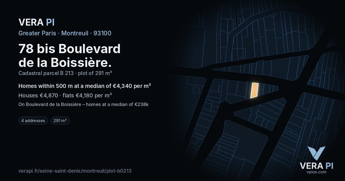 78 bis Boulevard de la Boissière, Montreuil at night – the plot lit, the parcels around coloured by the prices near them