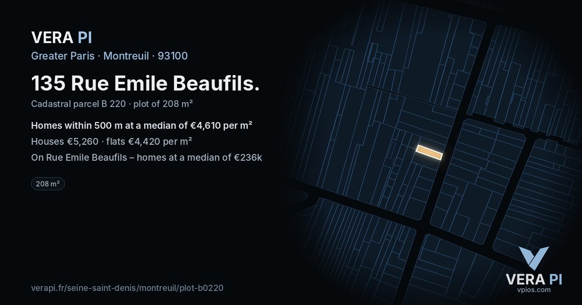 135 Rue Emile Beaufils, Montreuil at night – the plot lit, the parcels around coloured by the prices near them