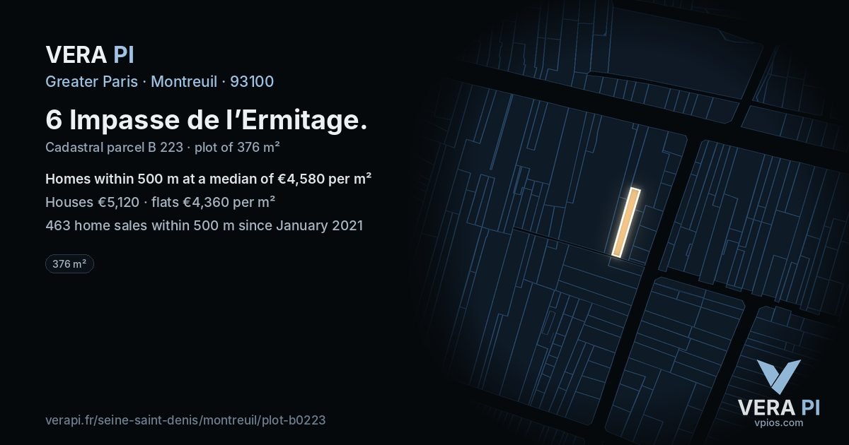 6 Impasse de l’Ermitage, Montreuil at night – the plot lit, the parcels around coloured by the prices near them