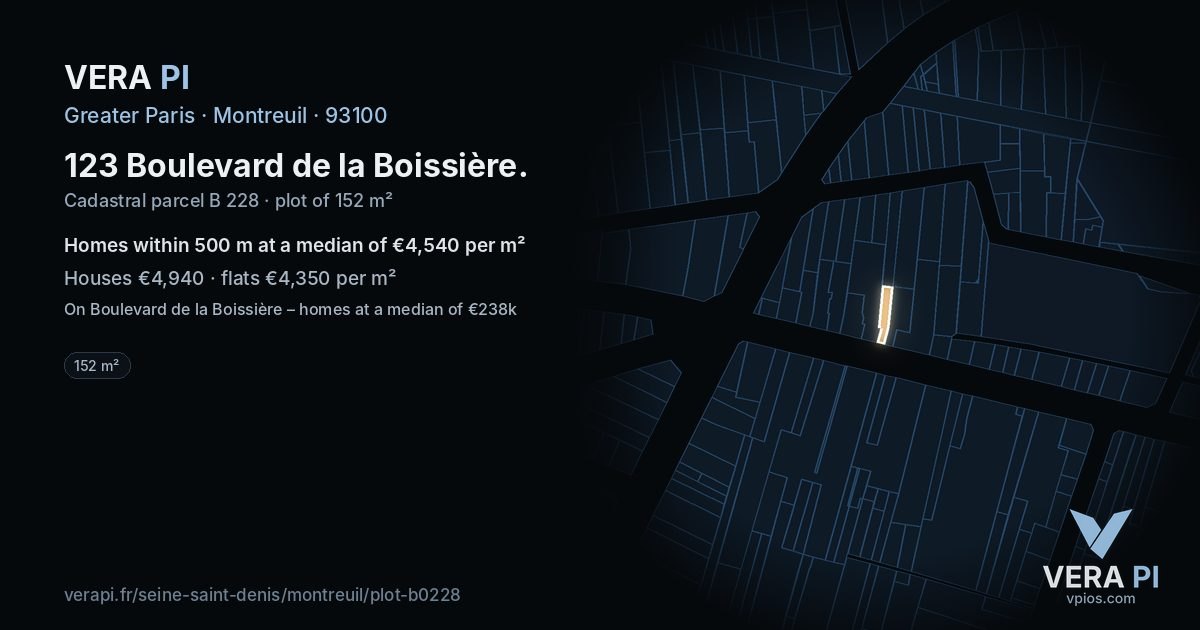123 Boulevard de la Boissière, Montreuil at night – the plot lit, the parcels around coloured by the prices near them