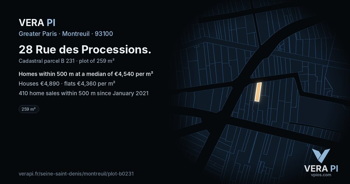 28 Rue des Processions, Montreuil at night – the plot lit, the parcels around coloured by the prices near them