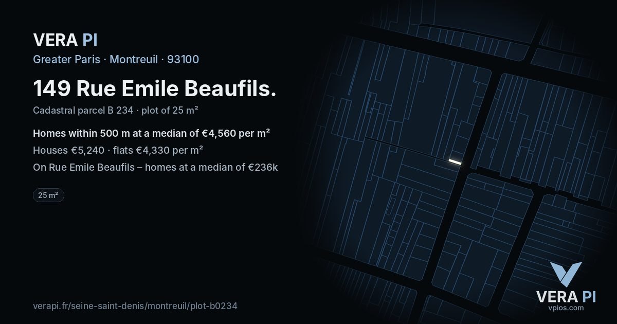 149 Rue Emile Beaufils, Montreuil at night – the plot lit, the parcels around coloured by the prices near them