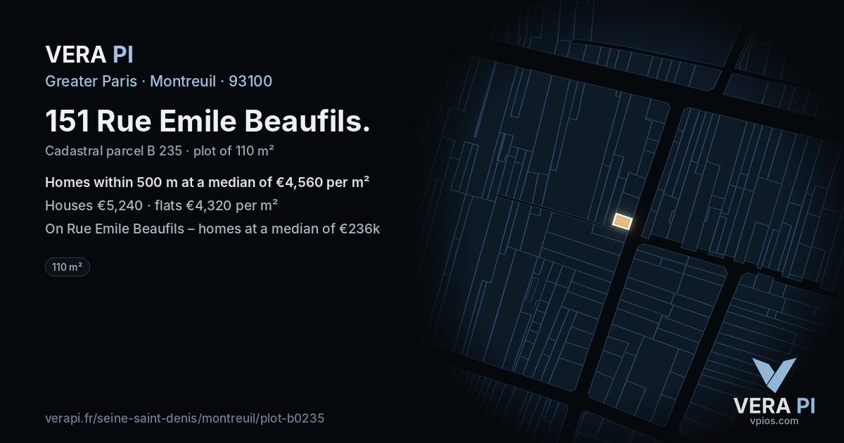 151 Rue Emile Beaufils, Montreuil at night – the plot lit, the parcels around coloured by the prices near them
