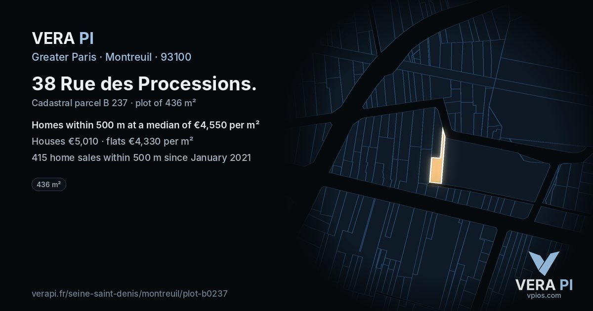 38 Rue des Processions, Montreuil at night – the plot lit, the parcels around coloured by the prices near them