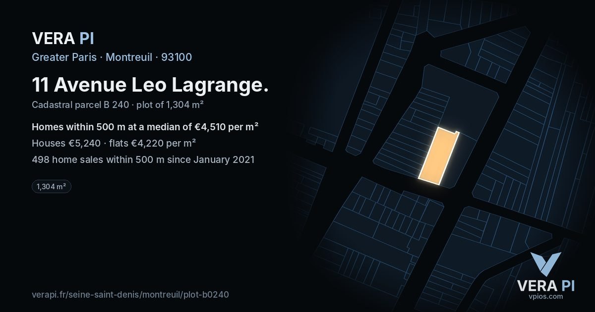 11 Avenue Leo Lagrange, Montreuil at night – the plot lit, the parcels around coloured by the prices near them