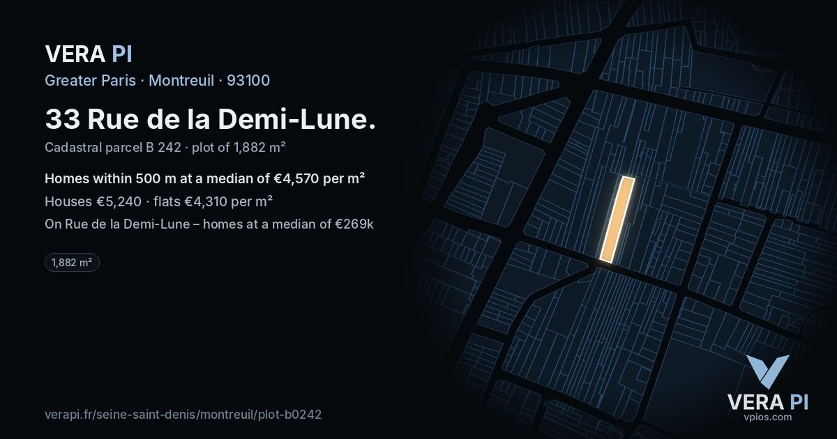 33 Rue de la Demi-Lune, Montreuil at night – the plot lit, the parcels around coloured by the prices near them