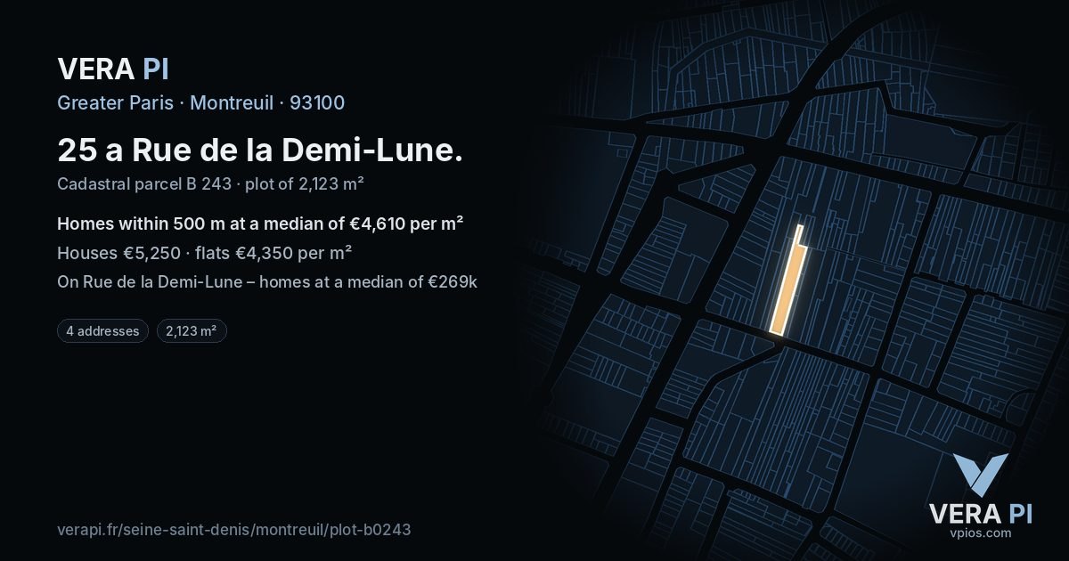 25 a Rue de la Demi-Lune, Montreuil at night – the plot lit, the parcels around coloured by the prices near them