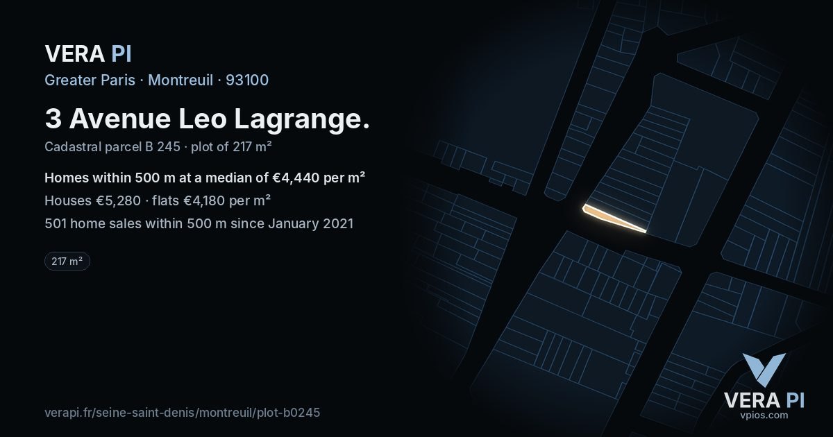 3 Avenue Leo Lagrange, Montreuil at night – the plot lit, the parcels around coloured by the prices near them