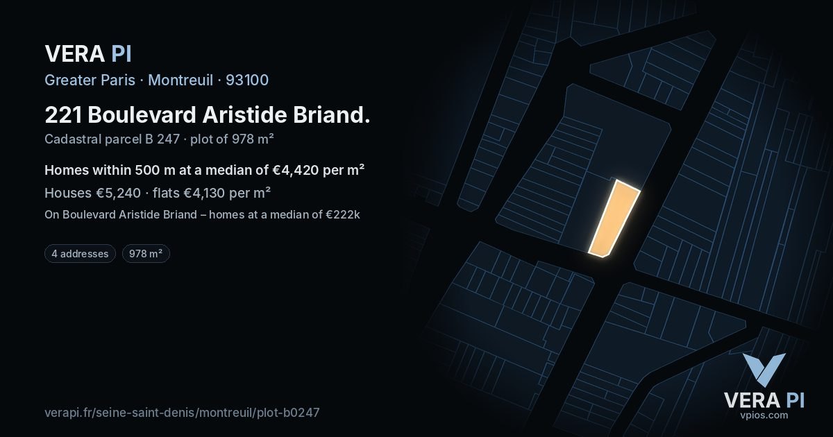 221 Boulevard Aristide Briand, Montreuil at night – the plot lit, the parcels around coloured by the prices near them
