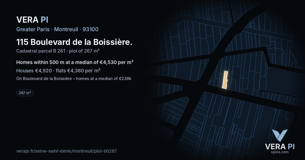 115 Boulevard de la Boissière, Montreuil at night – the plot lit, the parcels around coloured by the prices near them