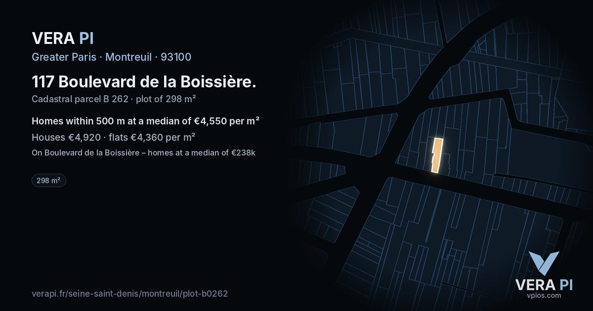 117 Boulevard de la Boissière, Montreuil at night – the plot lit, the parcels around coloured by the prices near them