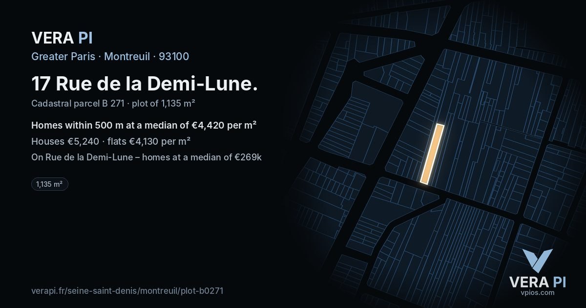 17 Rue de la Demi-Lune, Montreuil at night – the plot lit, the parcels around coloured by the prices near them