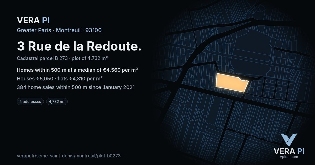3 Rue de la Redoute, Montreuil at night – the plot lit, the parcels around coloured by the prices near them