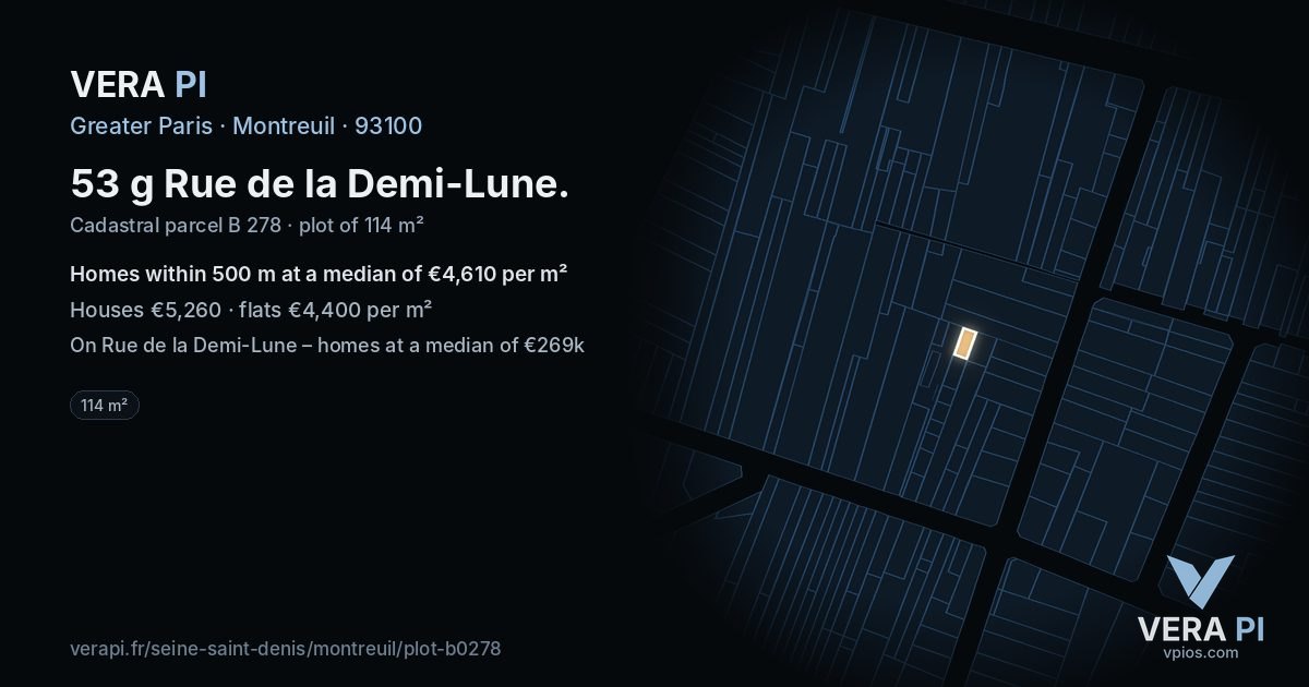 53 g Rue de la Demi-Lune, Montreuil at night – the plot lit, the parcels around coloured by the prices near them