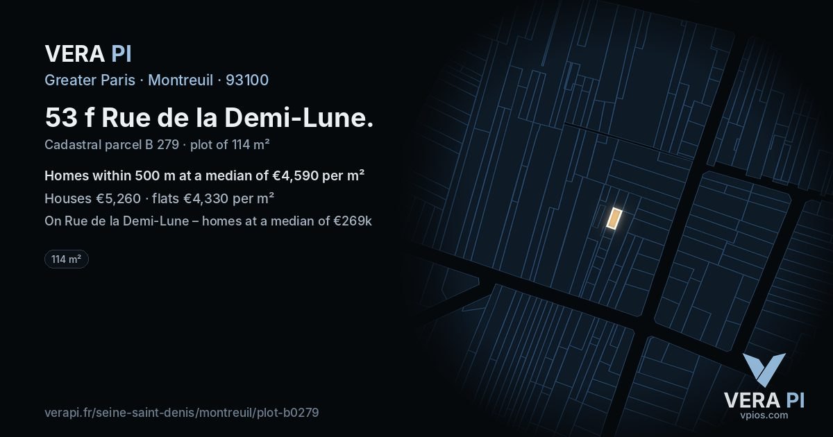 53 f Rue de la Demi-Lune, Montreuil at night – the plot lit, the parcels around coloured by the prices near them