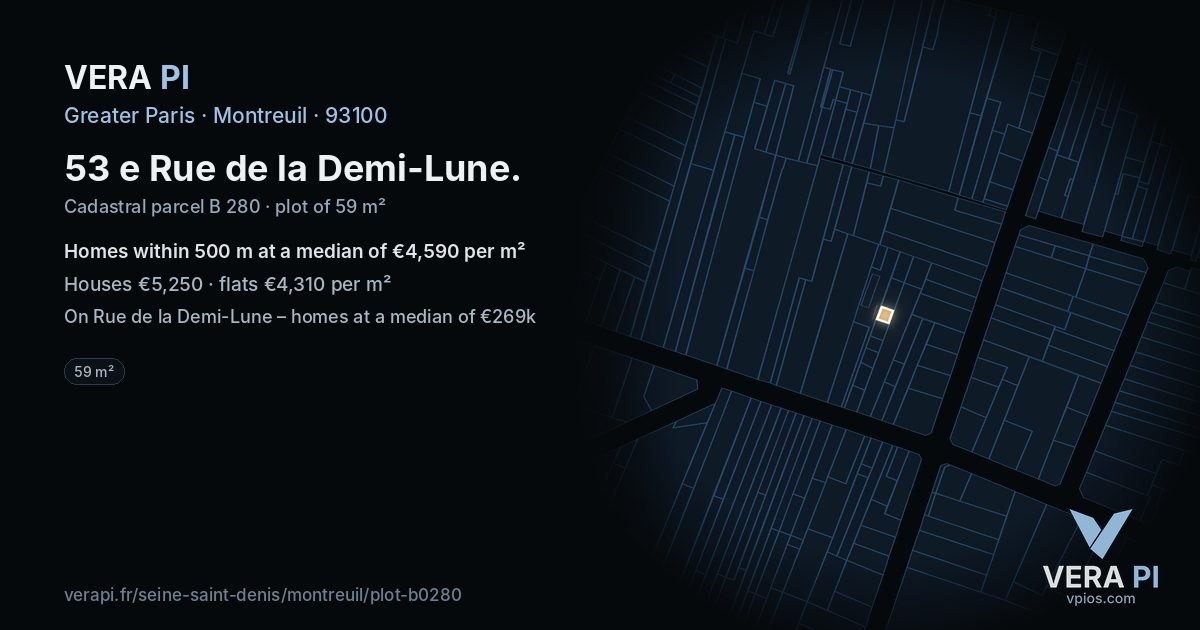 53 e Rue de la Demi-Lune, Montreuil at night – the plot lit, the parcels around coloured by the prices near them