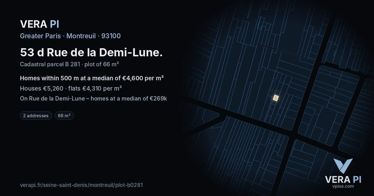 53 d Rue de la Demi-Lune, Montreuil at night – the plot lit, the parcels around coloured by the prices near them