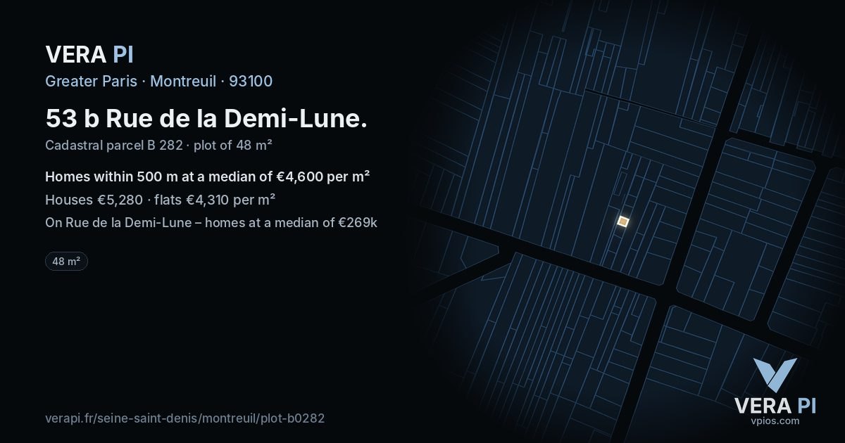 53 b Rue de la Demi-Lune, Montreuil at night – the plot lit, the parcels around coloured by the prices near them