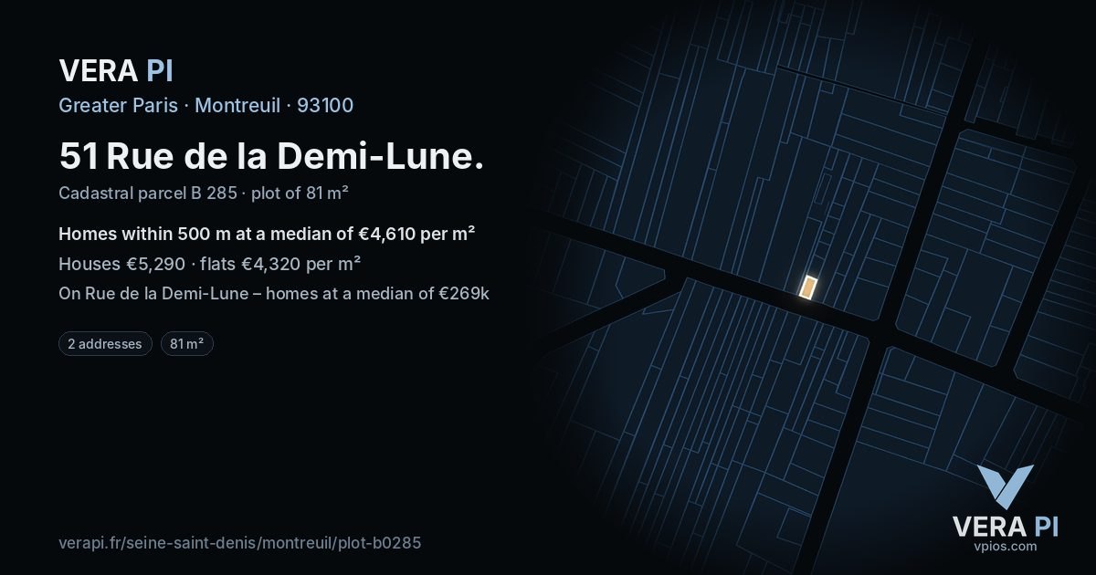 51 Rue de la Demi-Lune, Montreuil at night – the plot lit, the parcels around coloured by the prices near them