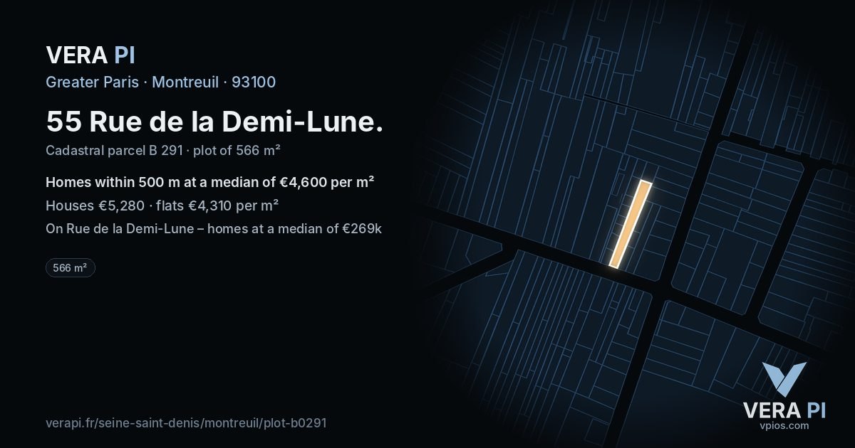 55 Rue de la Demi-Lune, Montreuil at night – the plot lit, the parcels around coloured by the prices near them