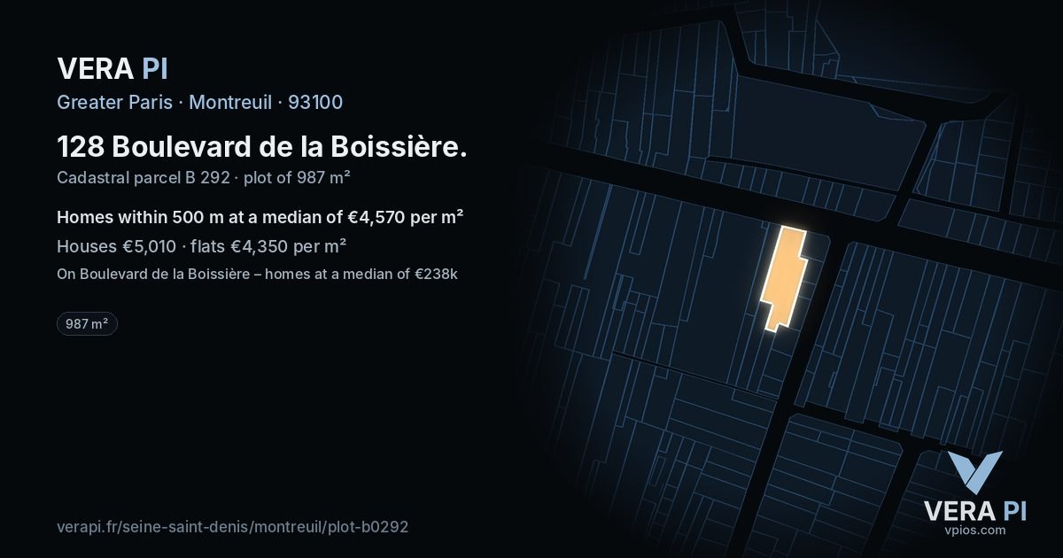 128 Boulevard de la Boissière, Montreuil at night – the plot lit, the parcels around coloured by the prices near them
