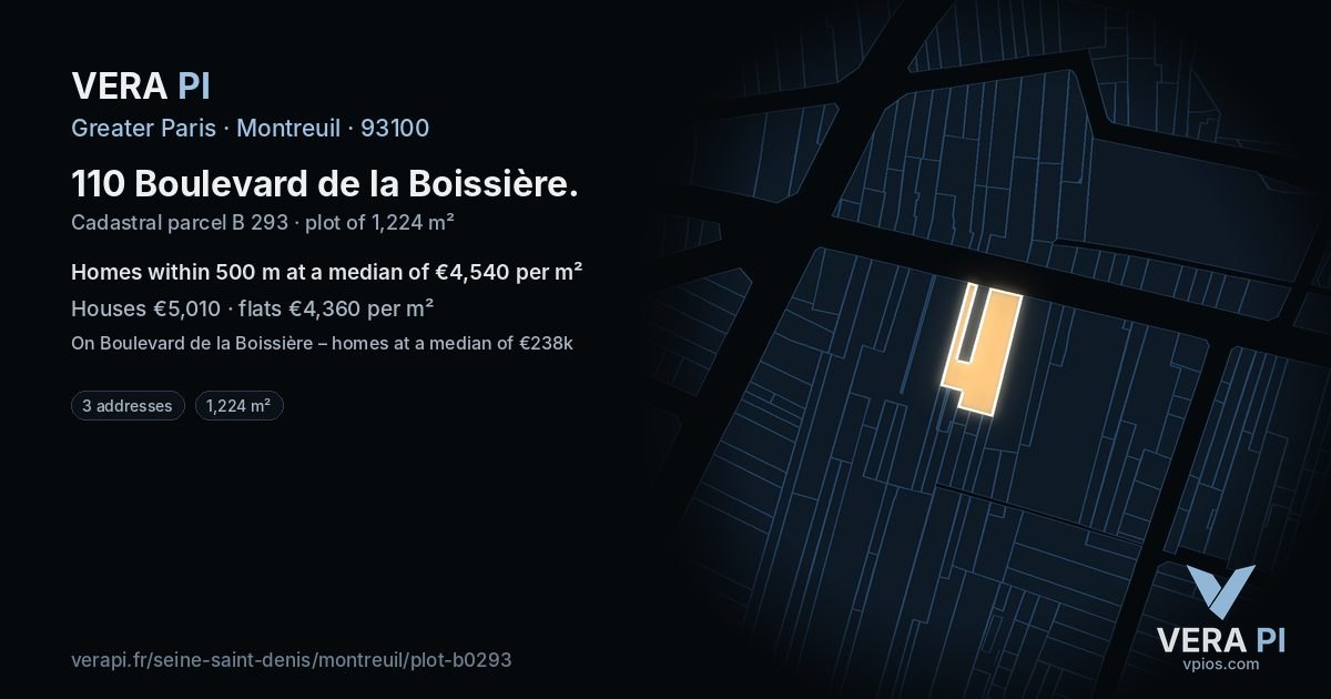 110 Boulevard de la Boissière, Montreuil at night – the plot lit, the parcels around coloured by the prices near them