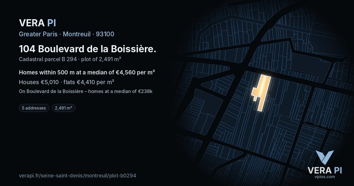 104 Boulevard de la Boissière, Montreuil at night – the plot lit, the parcels around coloured by the prices near them
