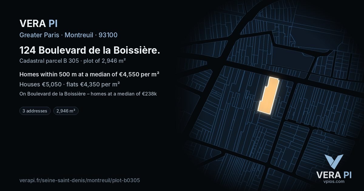 124 Boulevard de la Boissière, Montreuil at night – the plot lit, the parcels around coloured by the prices near them