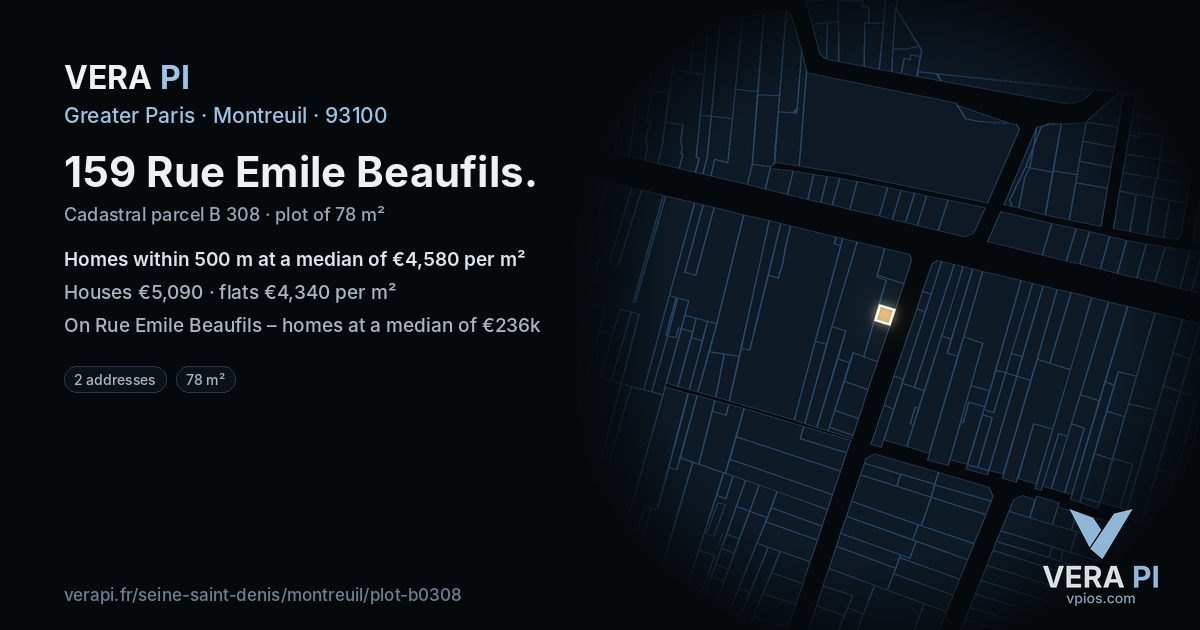 159 Rue Emile Beaufils, Montreuil at night – the plot lit, the parcels around coloured by the prices near them