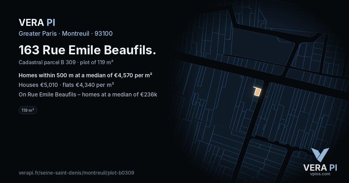 163 Rue Emile Beaufils, Montreuil at night – the plot lit, the parcels around coloured by the prices near them