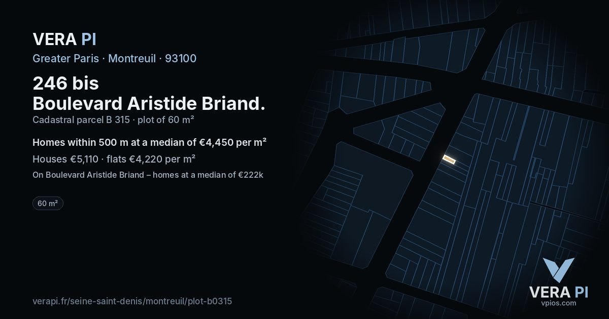 246 bis Boulevard Aristide Briand, Montreuil at night – the plot lit, the parcels around coloured by the prices near them
