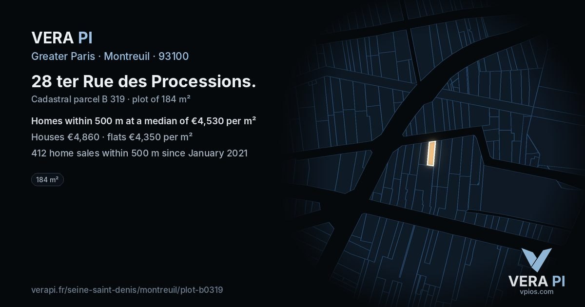 28 ter Rue des Processions, Montreuil at night – the plot lit, the parcels around coloured by the prices near them