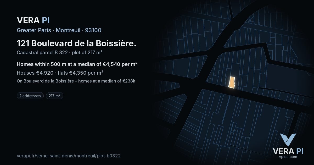 121 Boulevard de la Boissière, Montreuil at night – the plot lit, the parcels around coloured by the prices near them