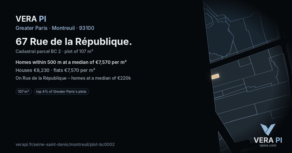 67 Rue de la République, Montreuil at night – the plot lit, the parcels around coloured by the prices near them
