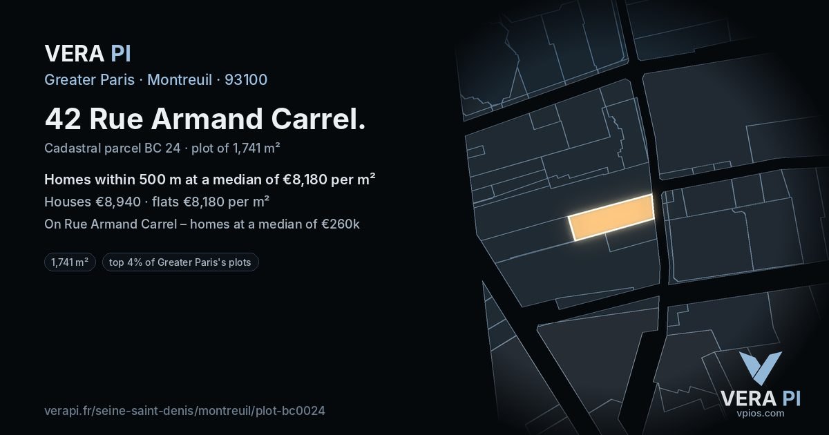 42 Rue Armand Carrel, Montreuil at night – the plot lit, the parcels around coloured by the prices near them