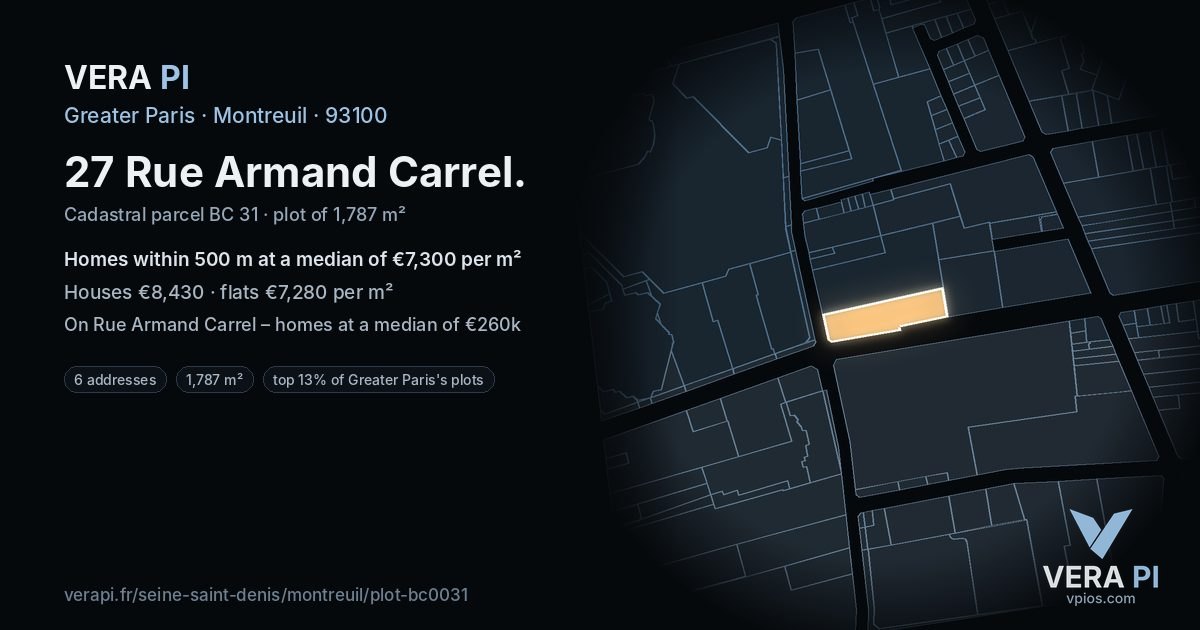 27 Rue Armand Carrel, Montreuil at night – the plot lit, the parcels around coloured by the prices near them