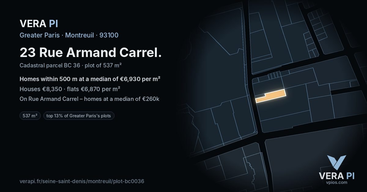 23 Rue Armand Carrel, Montreuil at night – the plot lit, the parcels around coloured by the prices near them