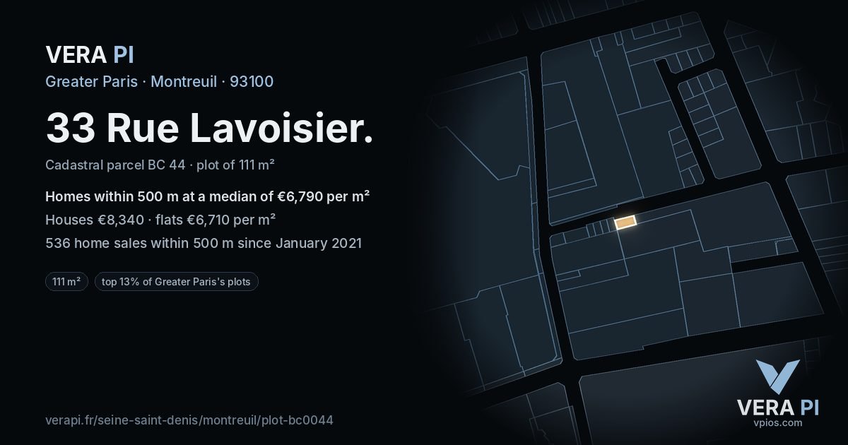 33 Rue Lavoisier, Montreuil at night – the plot lit, the parcels around coloured by the prices near them