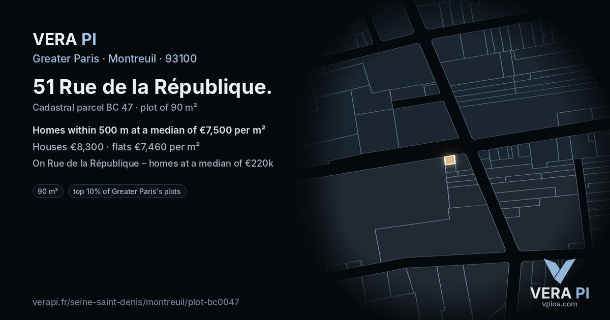 51 Rue de la République, Montreuil at night – the plot lit, the parcels around coloured by the prices near them