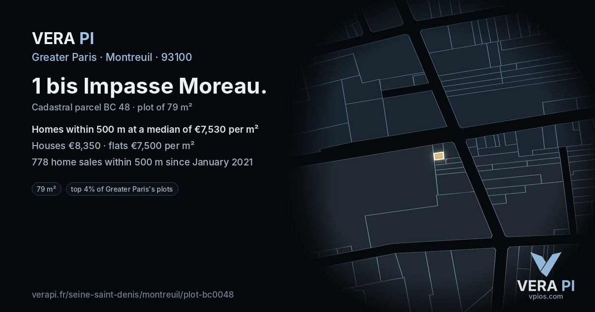 1 bis Impasse Moreau, Montreuil at night – the plot lit, the parcels around coloured by the prices near them
