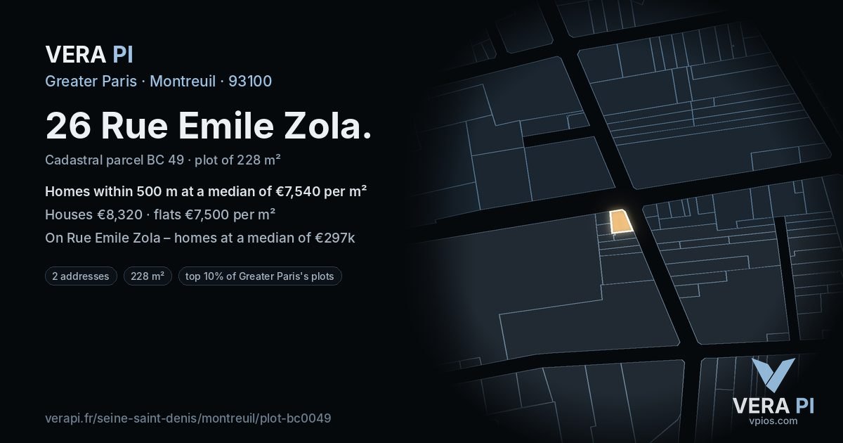 26 Rue Emile Zola, Montreuil at night – the plot lit, the parcels around coloured by the prices near them