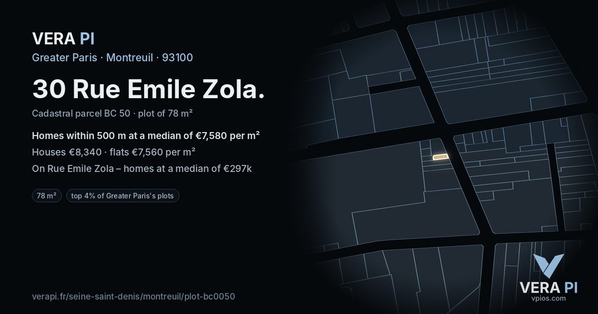 30 Rue Emile Zola, Montreuil at night – the plot lit, the parcels around coloured by the prices near them