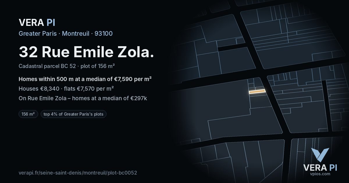 32 Rue Emile Zola, Montreuil at night – the plot lit, the parcels around coloured by the prices near them