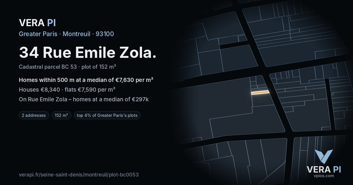34 Rue Emile Zola, Montreuil at night – the plot lit, the parcels around coloured by the prices near them