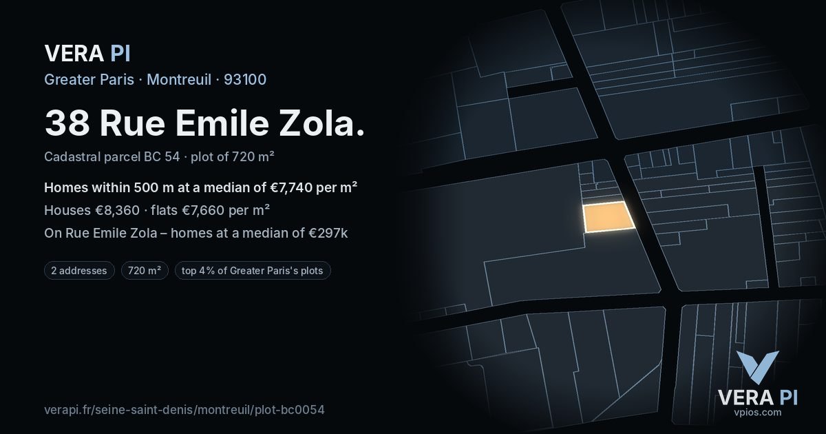 38 Rue Emile Zola, Montreuil at night – the plot lit, the parcels around coloured by the prices near them