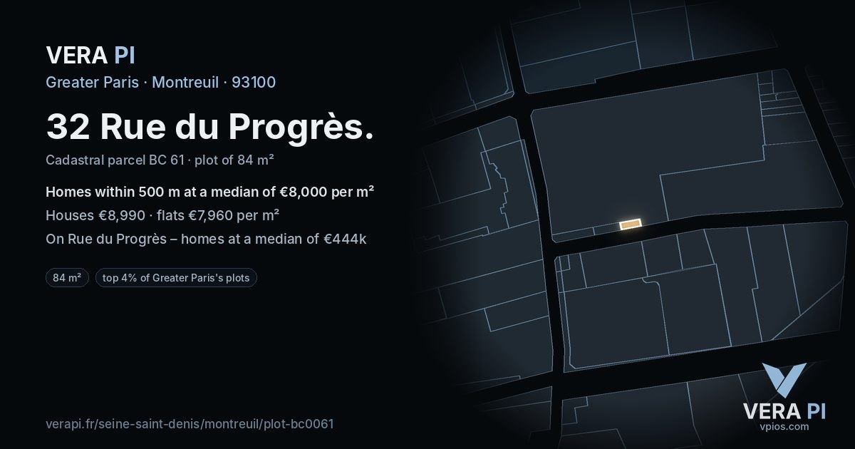 32 Rue du Progrès, Montreuil at night – the plot lit, the parcels around coloured by the prices near them