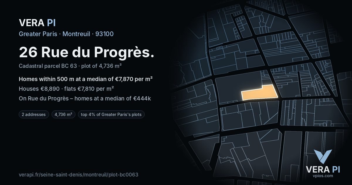 26 Rue du Progrès, Montreuil at night – the plot lit, the parcels around coloured by the prices near them
