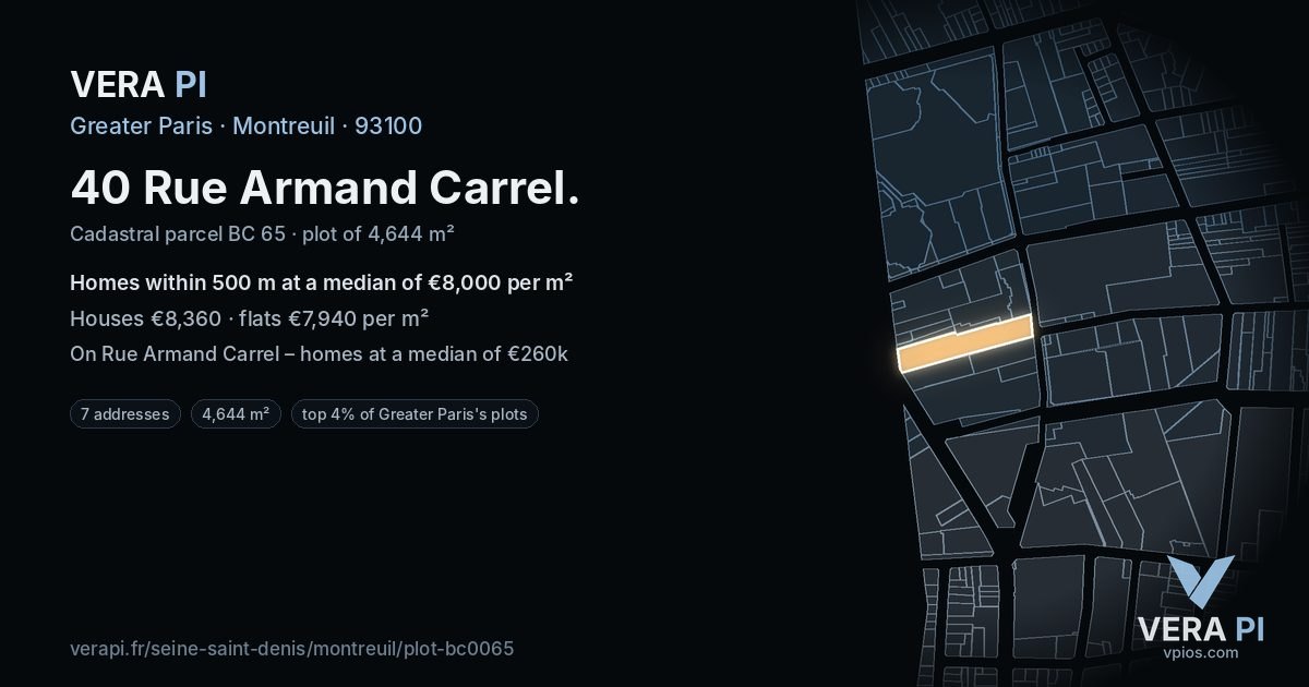 40 Rue Armand Carrel, Montreuil at night – the plot lit, the parcels around coloured by the prices near them