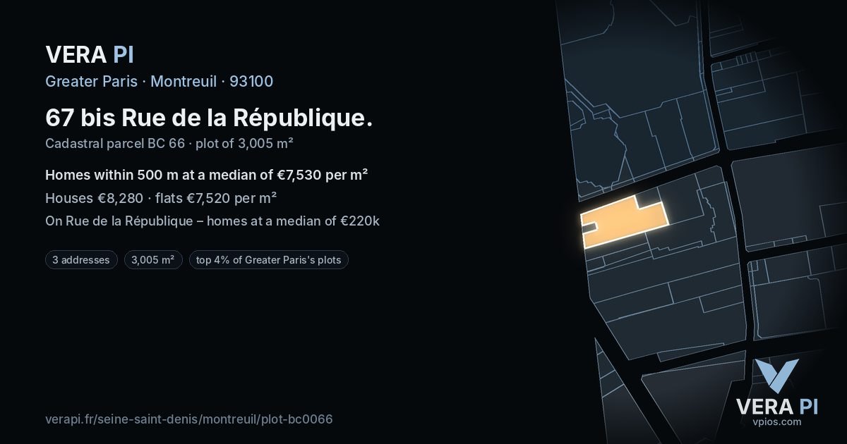 67 bis Rue de la République, Montreuil at night – the plot lit, the parcels around coloured by the prices near them